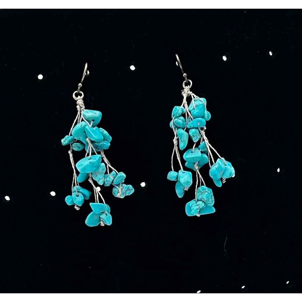 Vintage Turquoise Chip Womens Dangle Cluster Earrings - Picture 1 of 4